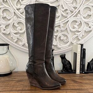 Frye CeCe Leather Elegant Brown Knee-High Wedge Boots